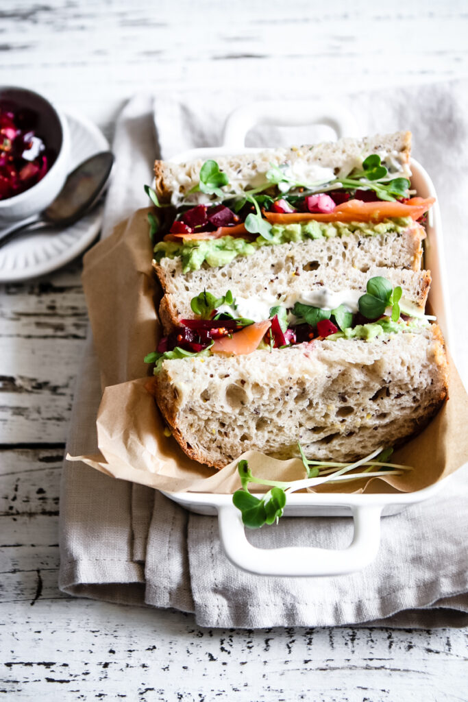 SALMON, AVOCADO AND BEET RELISH SANDWICHES