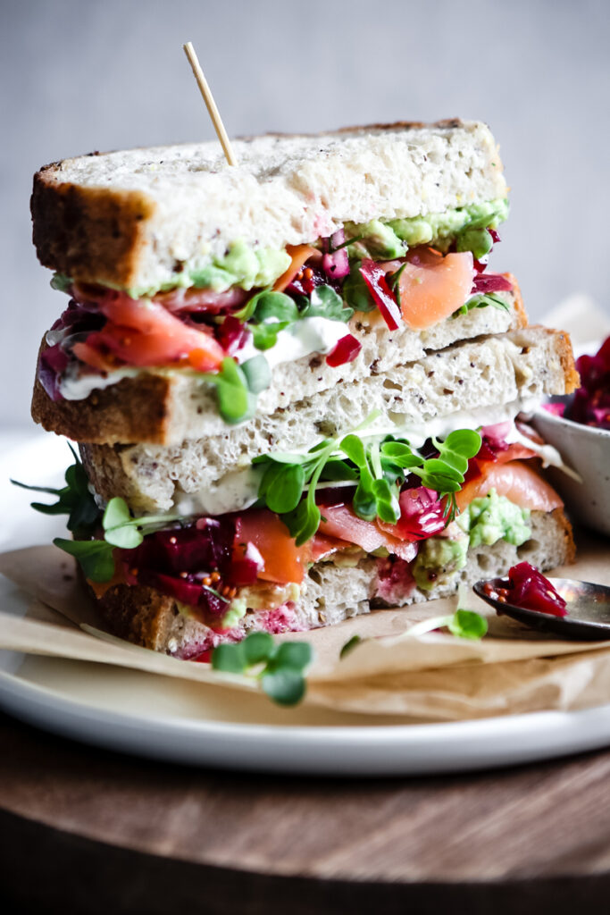 SALMON, AVOCADO AND BEET RELISH SANDWICHES