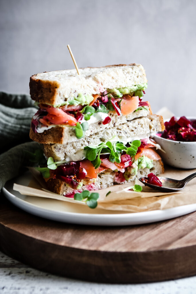 SALMON, AVOCADO AND BEET RELISH SANDWICHES