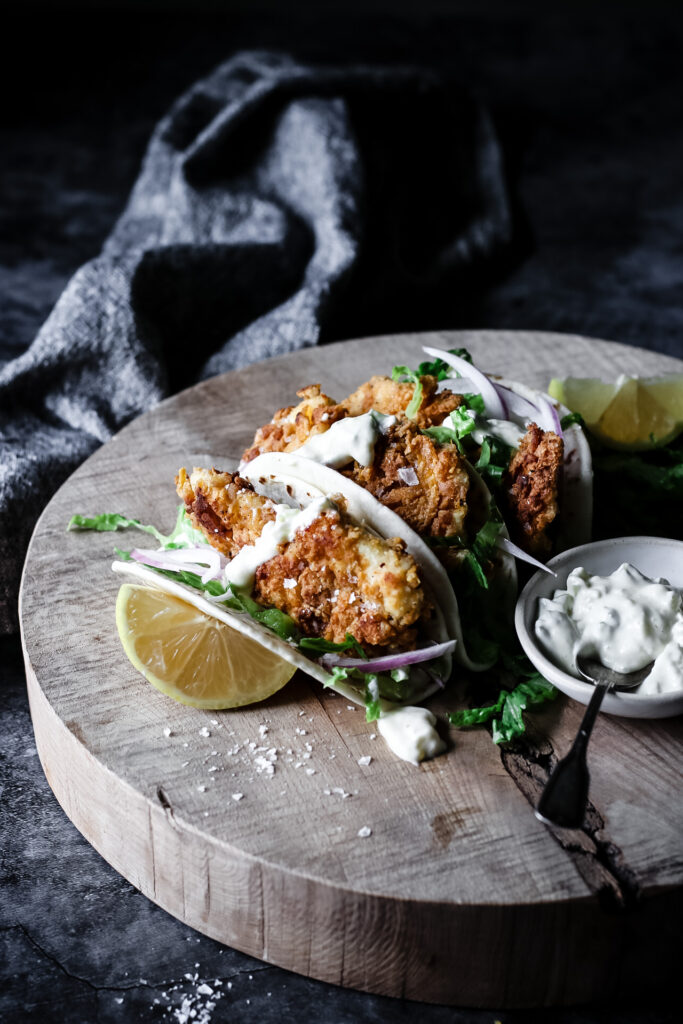 CRISPY FISH TACOS WITH JALAPENO CREMA