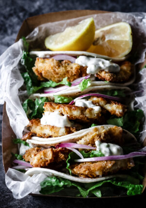 CRISPY FISH TACOS WITH JALAPENO CREMA