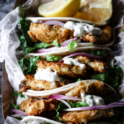 CRISPY FISH TACOS WITH JALAPENO CREMA