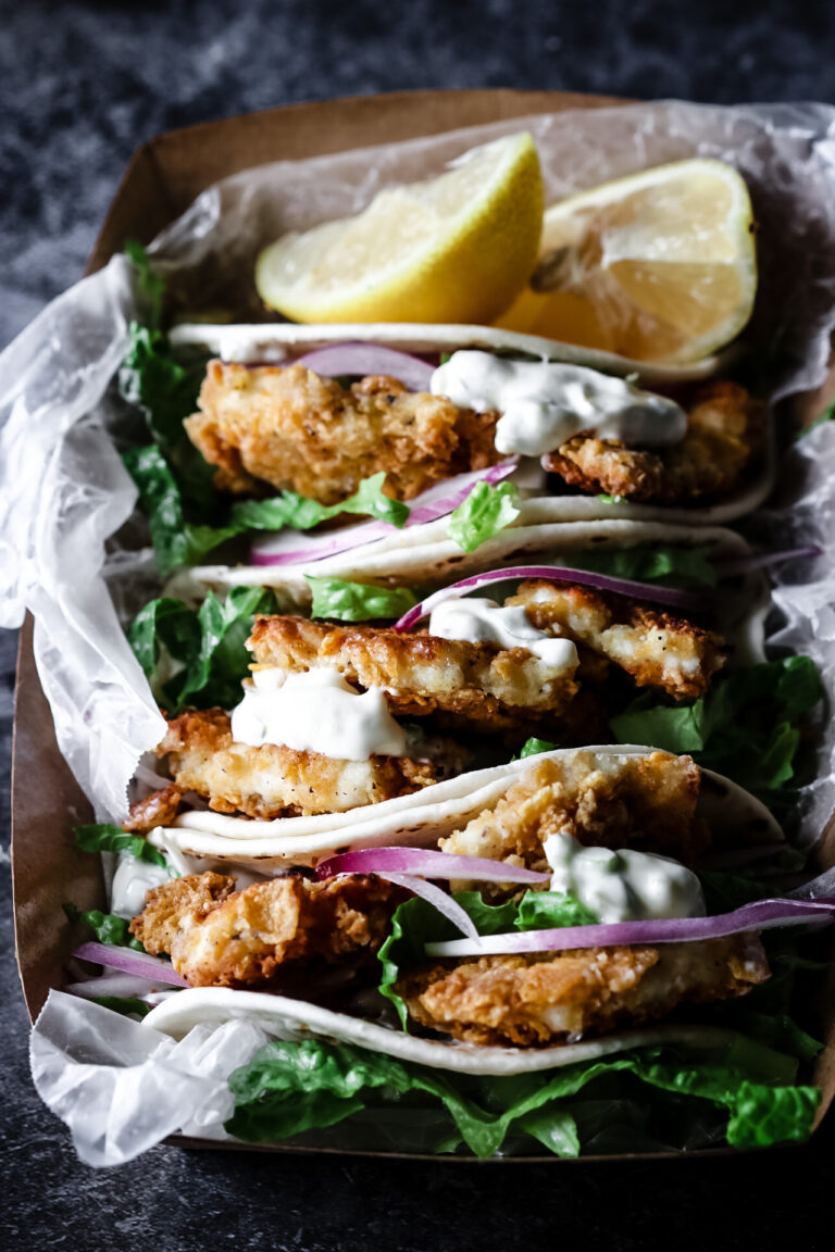 CRISPY FISH TACOS WITH JALAPENO CREMA