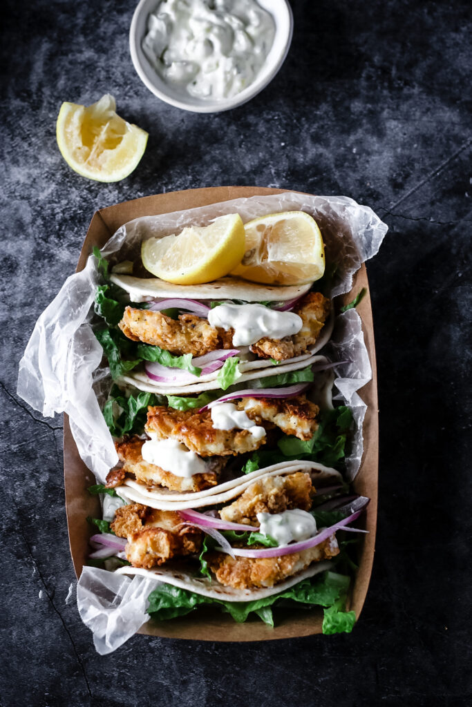 CRISPY FISH TACOS WITH JALAPENO CREMA