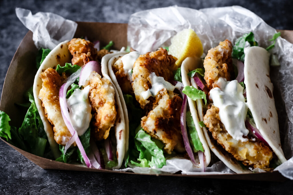 CRISPY FISH TACOS WITH JALAPENO CREMA