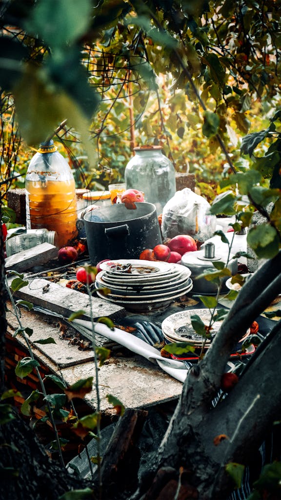 A cluttered outdoor scene with dirty dishes, pots, and scattered tableware amidst overgrown plants.