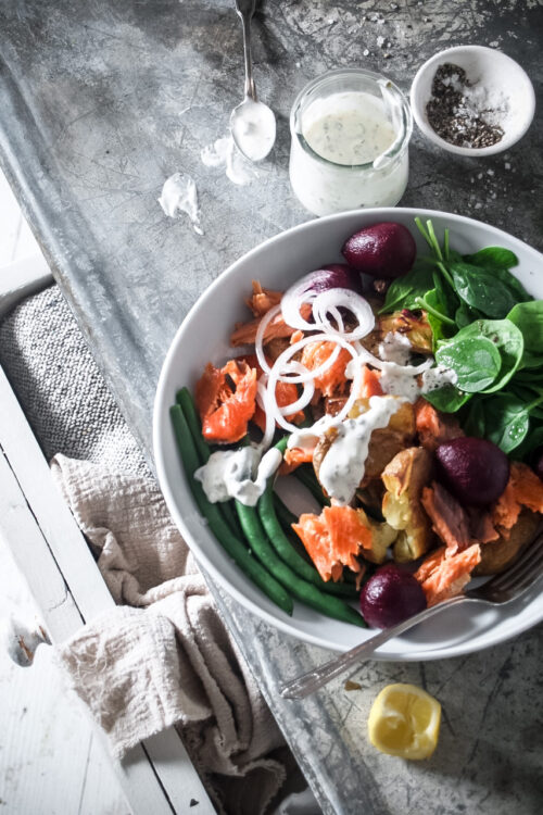 smoked salmon, potato & beet salad