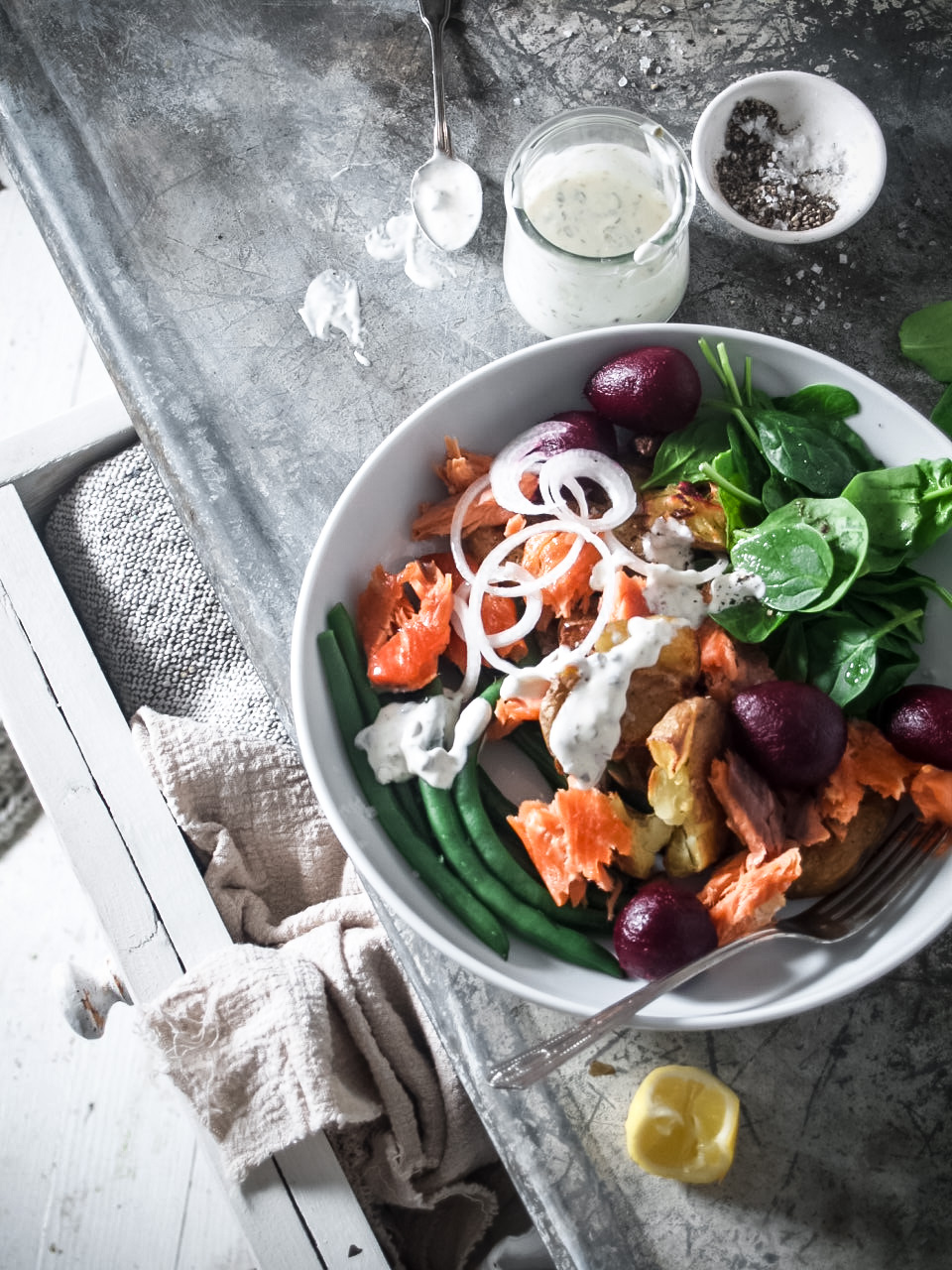smoked salmon, potato & beet salad