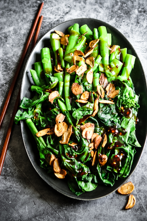 Chinese broccoli (gai lan) with oyster sauce & crispy garlic