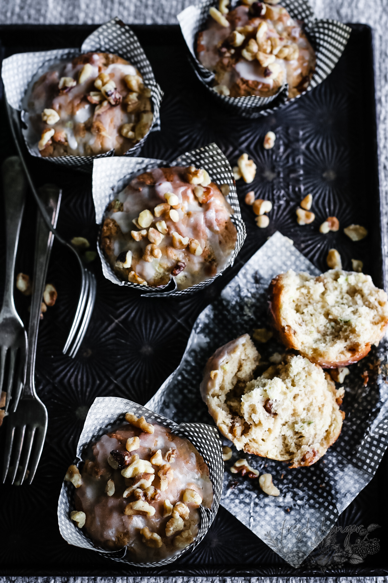 lemon-glazed zucchini walnut muffins