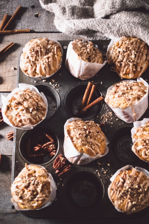 pear, pecan & sour cream muffins with cinnamon glaze