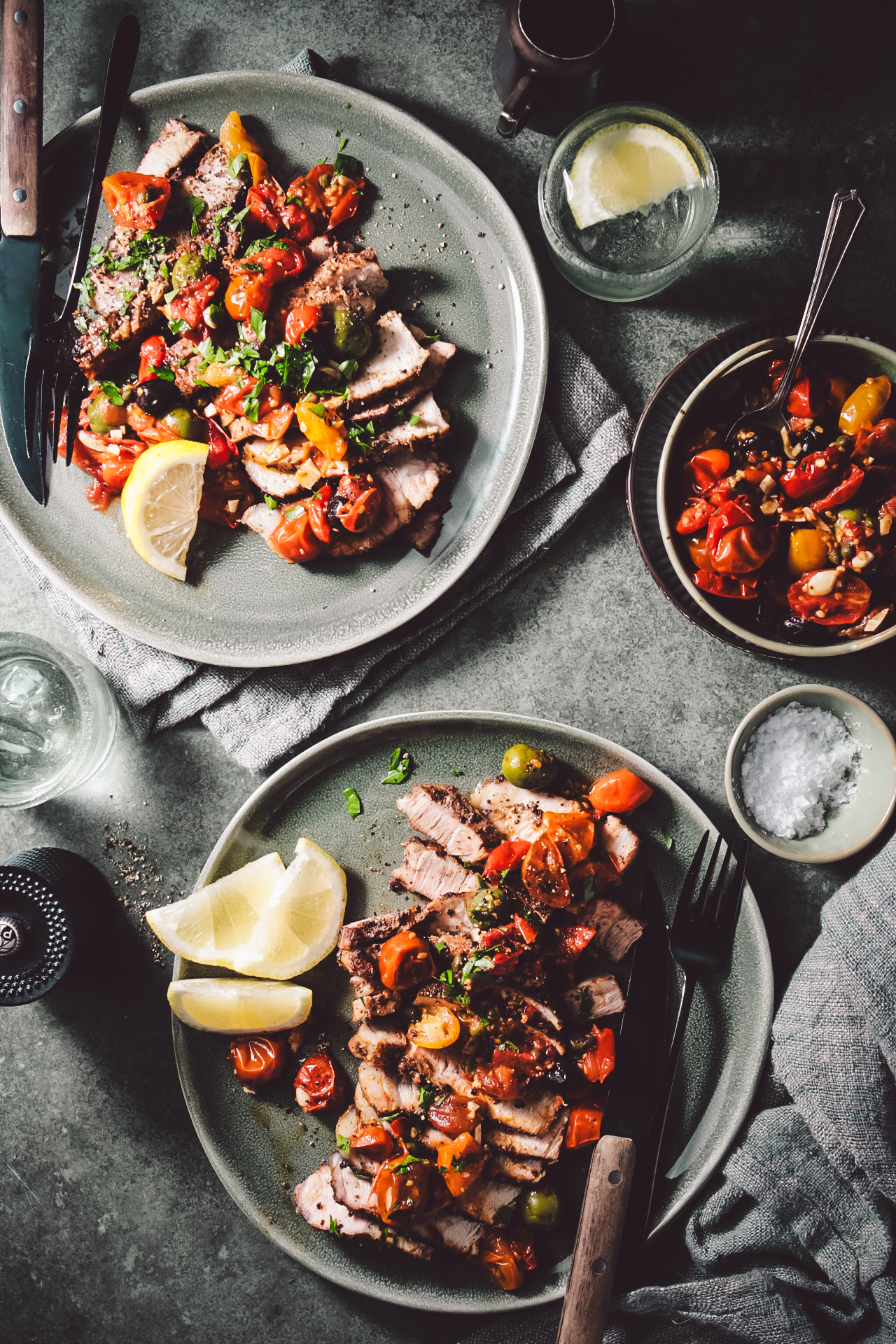 Mediterranean pork chops with jammy tomatoes