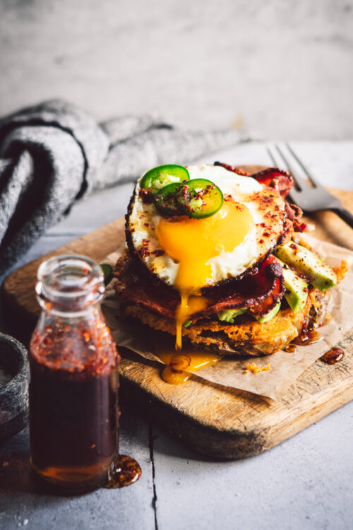 breakfast potato waffle with hot maple syrup