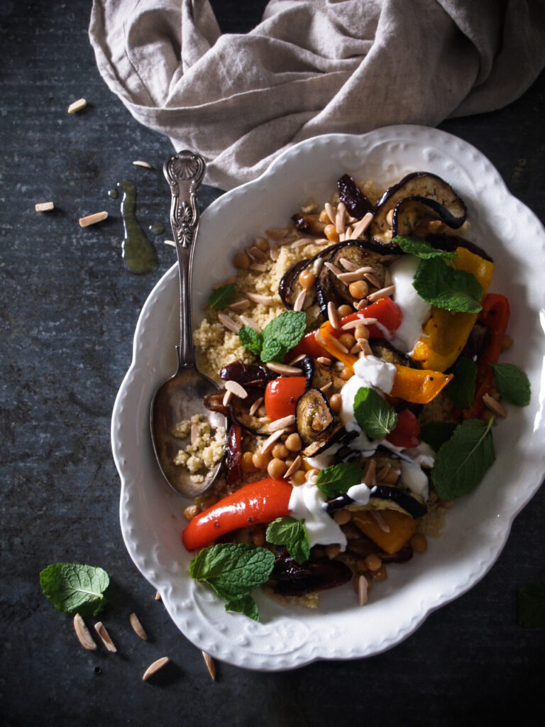 roasted moroccan eggplant with couscous