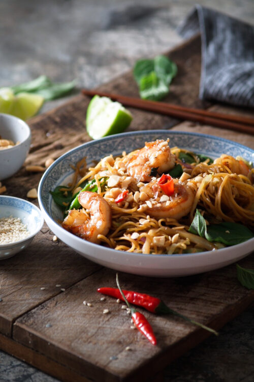 thai basil honey chili shrimp noodles