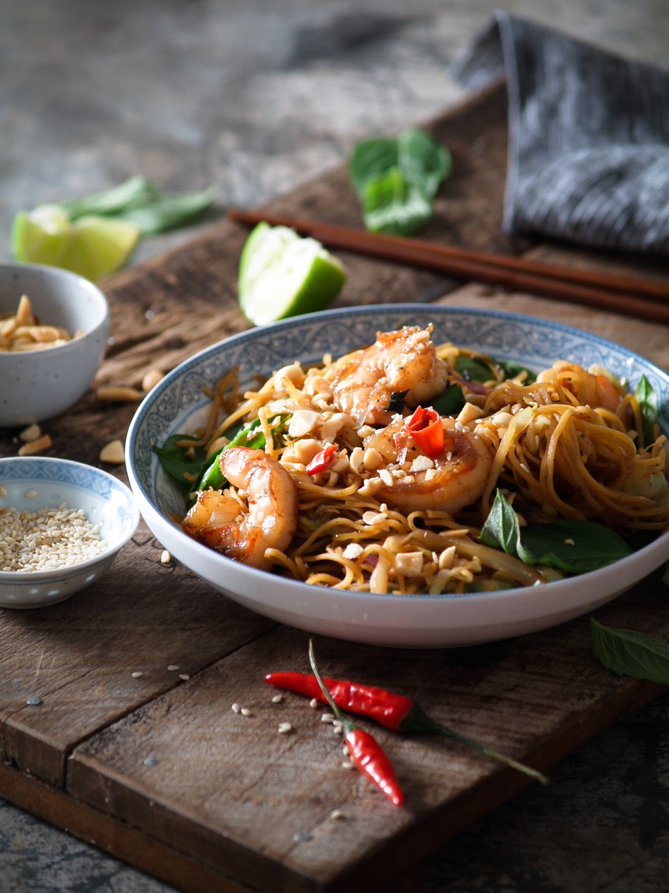 thai basil honey chili shrimp noodles