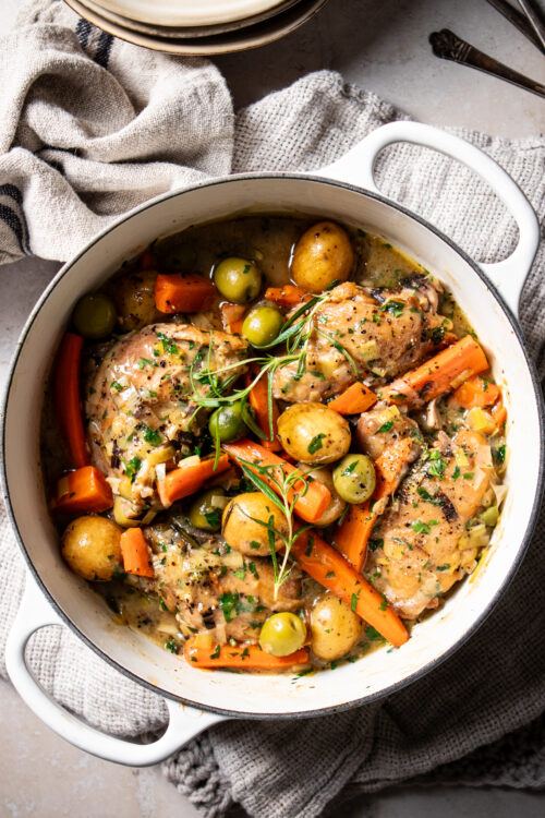 rustic country chicken with olives, potatoes and leek