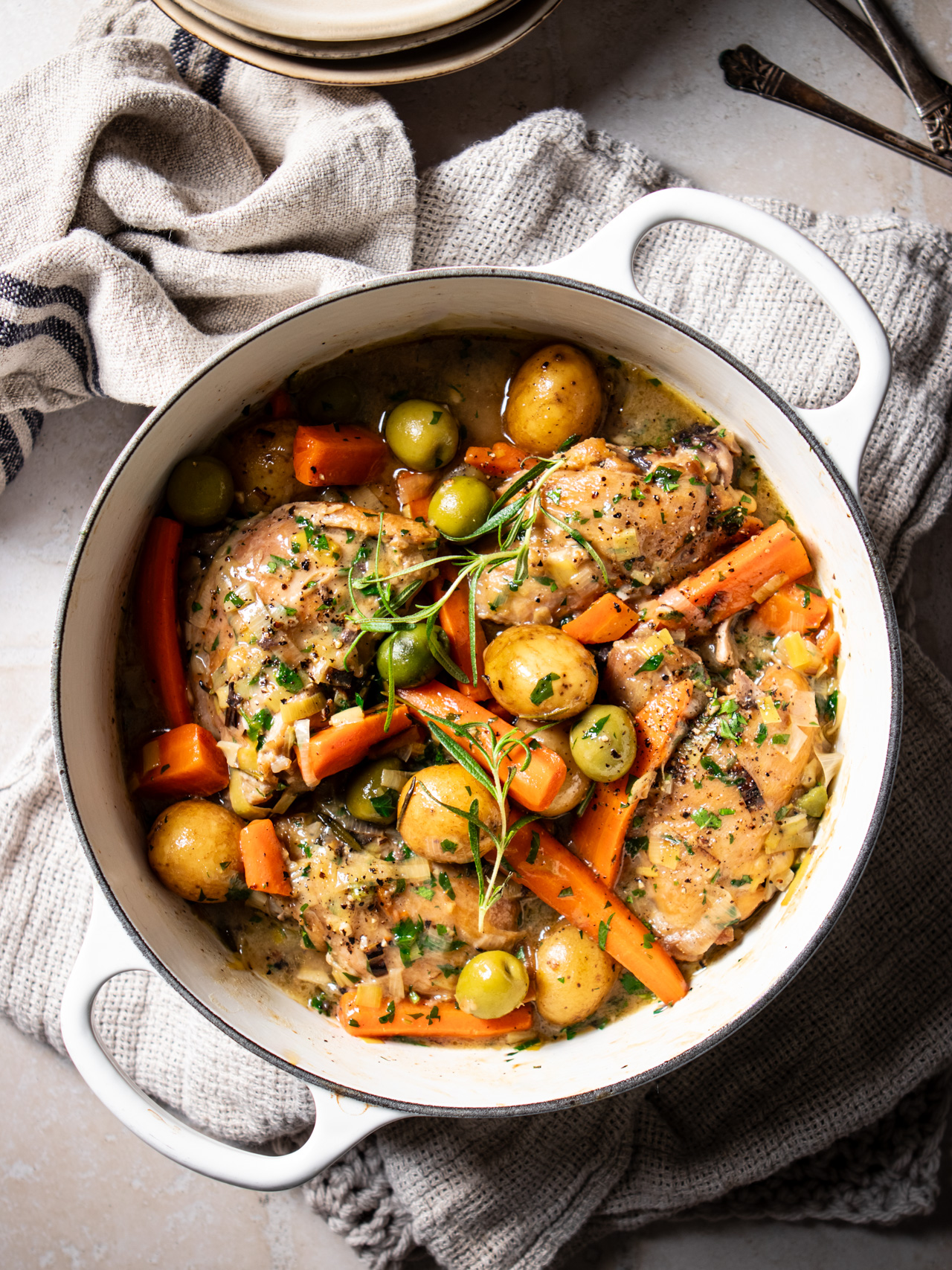 rustic country chicken with olives, potatoes and leek