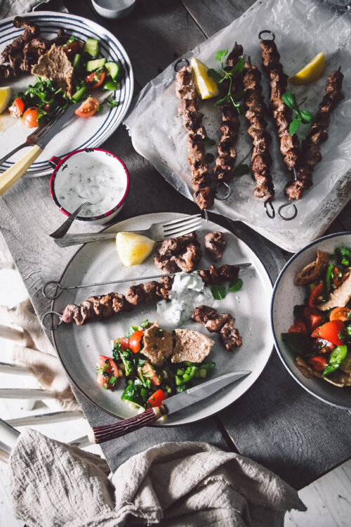 pork souvlaki with fattoush