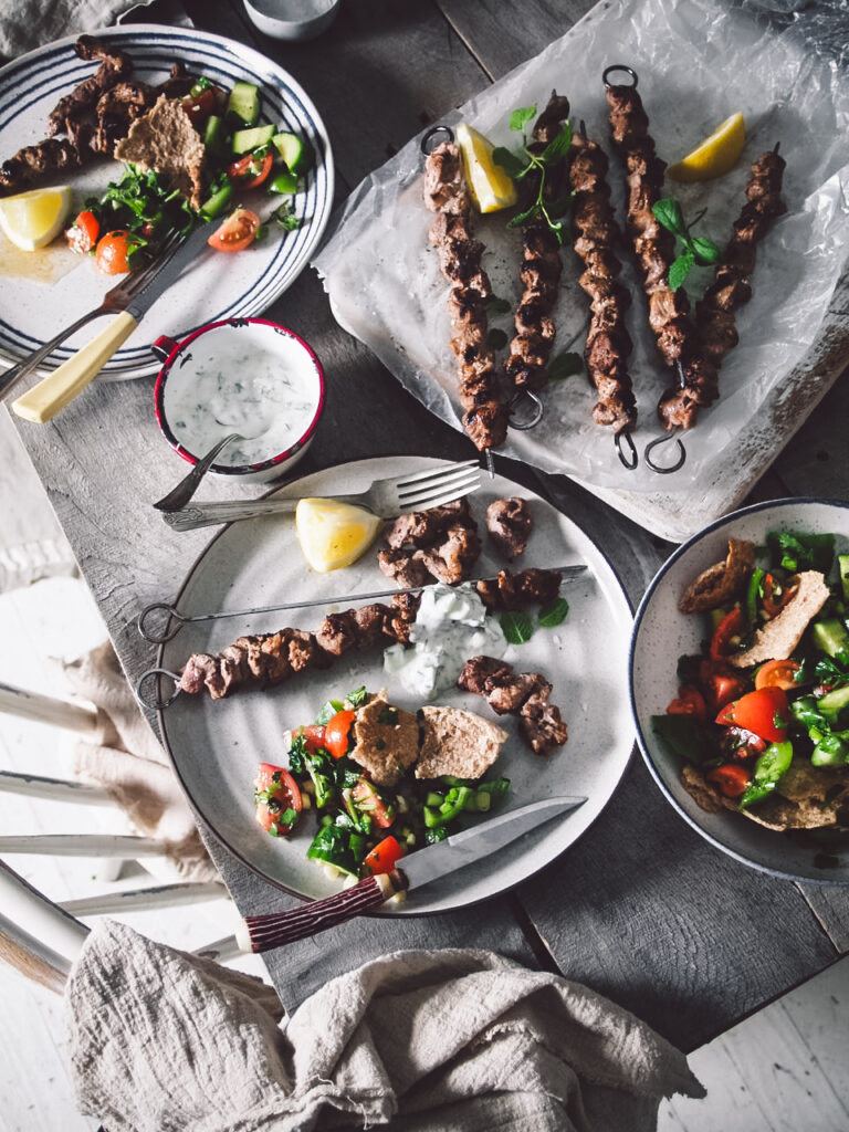 pork souvlaki with fattoush