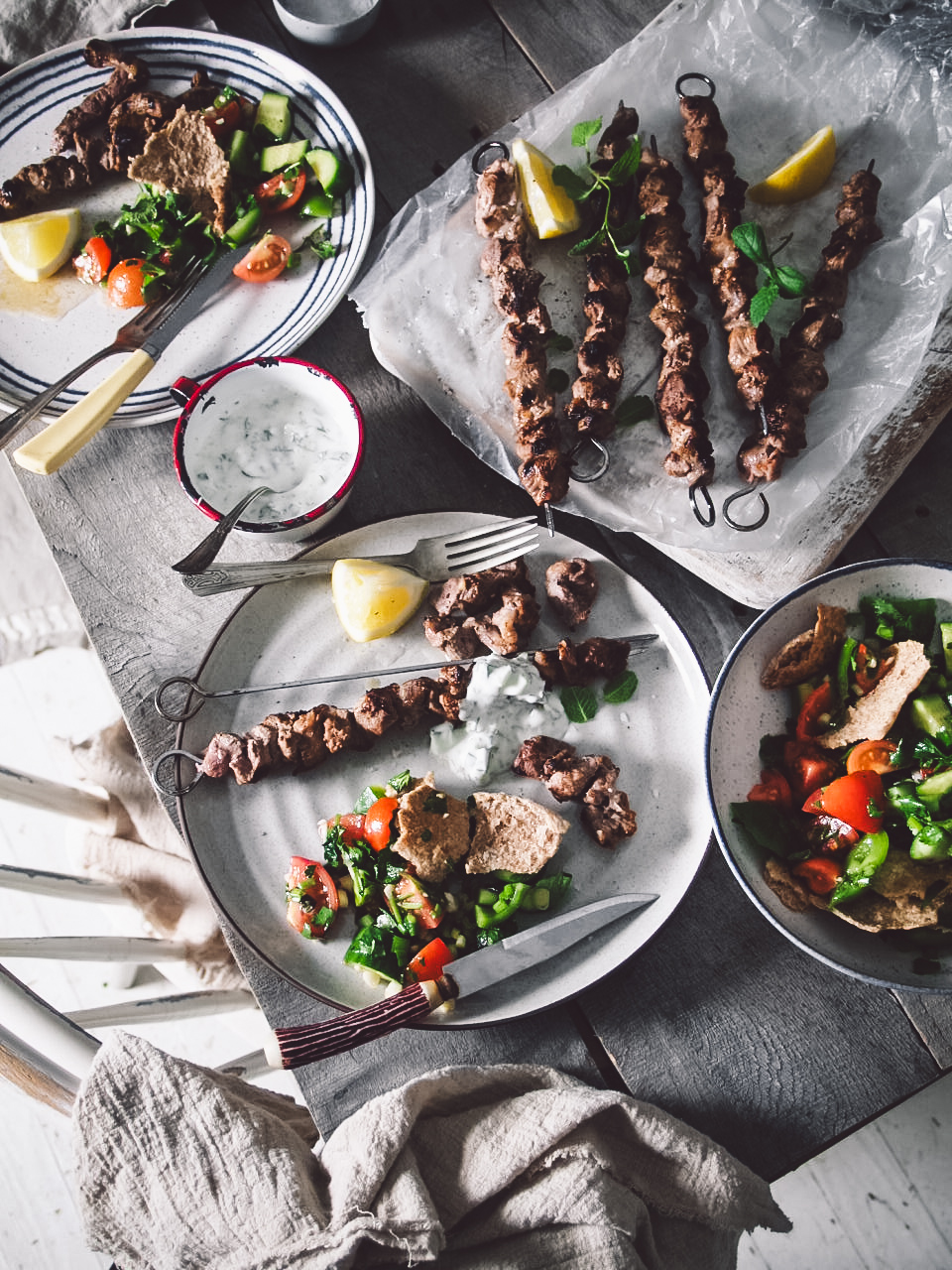 pork souvlaki with fattoush